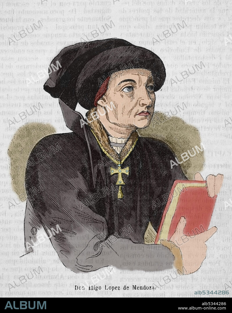 Iñigo López de Mendoza (1398-1458). Noble español de la Casa de Mendoza, I Conde del Real de Manzanares, III señor de Hita, I Marqués de Santillana. Retrato. Grabado coloreado. Historia General de España por el Padre Mariana. Madrid, 1852.