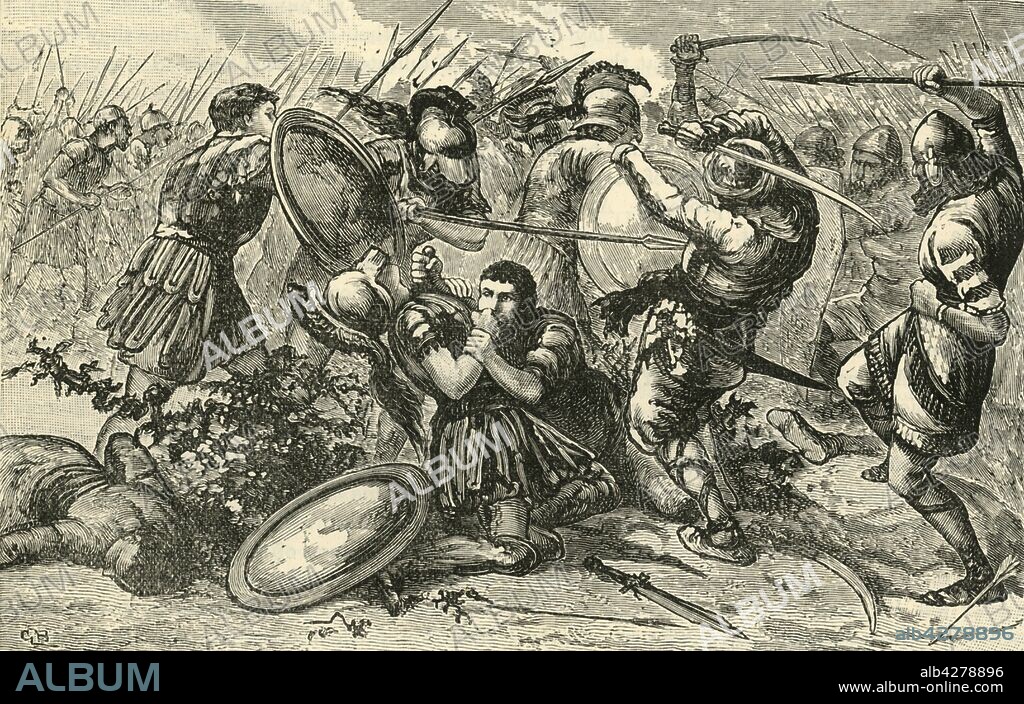 'Battle of Cunaxa', 1890. The Battle of Cunaxa, 401 BC between Cyrus the Younger and his brother Arsaces, (Artaxerxes II). Cyrus charged his brother's bodyguard and was killed by a javelin, Mithridates who threw the javelin was was later executed for taking the kill from Artaxerxes. From "Cassell's Illustrated Universal History, Vol. I - Early and Greek History", by Edmund Ollier. [Cassell and Company, Limited, London, Paris and Melbourne, 1890].