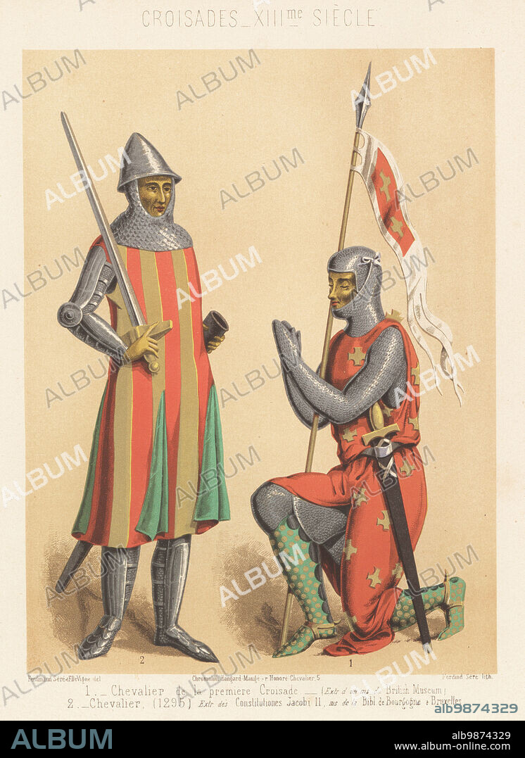 Kneeling knight from the First Crusade, from a manuscript in the British Museum, and standing knight from the Constitutiones Jacobi II, 1295, Bibliotheque de Bourgogne a Bruxelles. Crusader knights in conical helmet, suit of chainmail armour, plate armour protection to arms and legs, armorial tunic, spurs, armed with sword and lance with banner. Crusaders, 13th century. Croisades, XIIIme Siecle. Chromolithograph by Ferdinand Sere and Felix de Vigne from Charles Louandres Les Arts Somptuaires, The Sumptuary Arts, Hangard-Mauge, Paris, 1858.