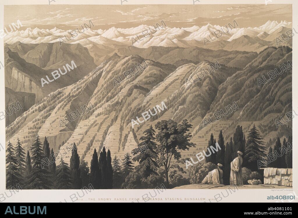 The Snowy Range from Nagkanda Staging Bungalow. Sunset. This view was made at the staging bungalow at Narkhanda, 8,800 feet above sea level. Staging bungalows were used as resting places on the journey through the mountains. The two figures in the foreground are part of the team who carried Mrs. Scott in her carrying-chair, a type of uncovered palanquin . Views in the Himalayas, drawn on the spot by Mrs. W. L. L. Scott. [Lithographed.]. London : Henry Graves & Co., 1852. Lithograph. Source: X670(12). Language: English.