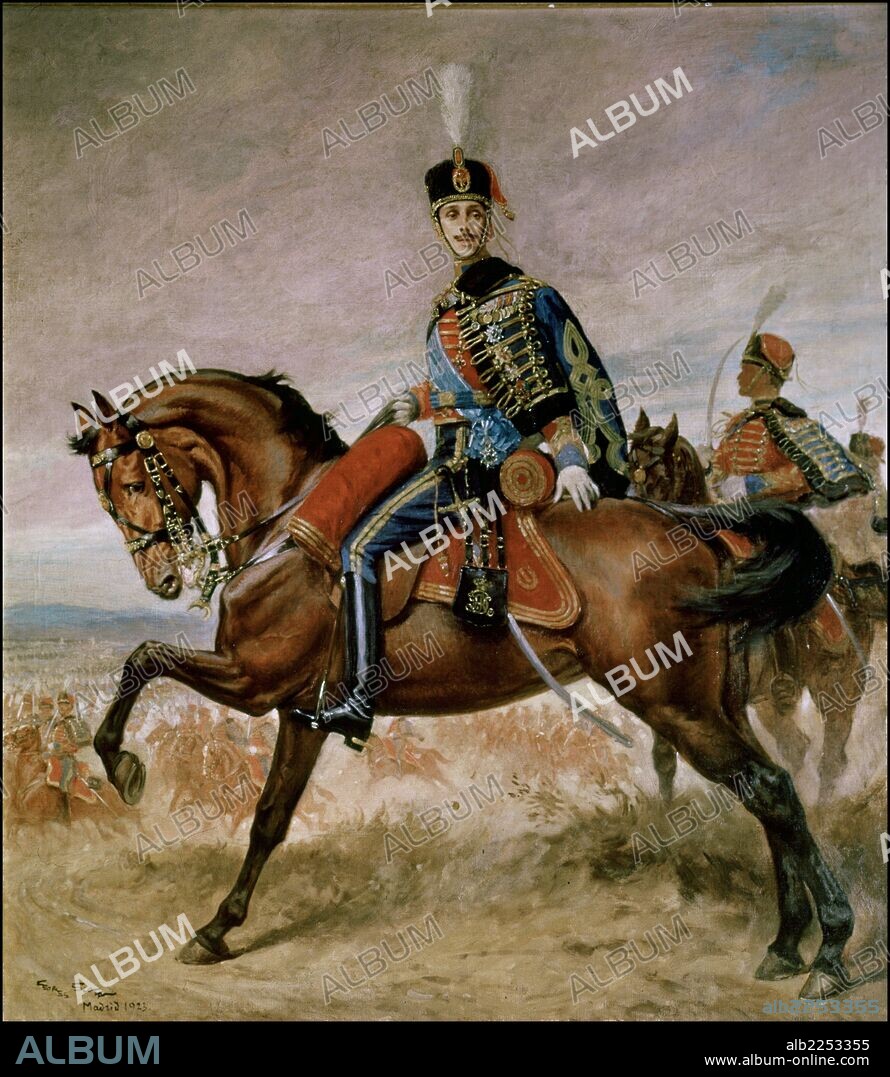 ALFONSO XIII. REY DE ESPAÑA. MADRID 1886 / 1941. " ALFONSO XIII CON UNIFORME DE HUSAR ". RETRATO ECUESTRE OLEO DE SCOTTE. 1923. PALACIO REAL. MADRID / PATRIMONIO NACIONAL.