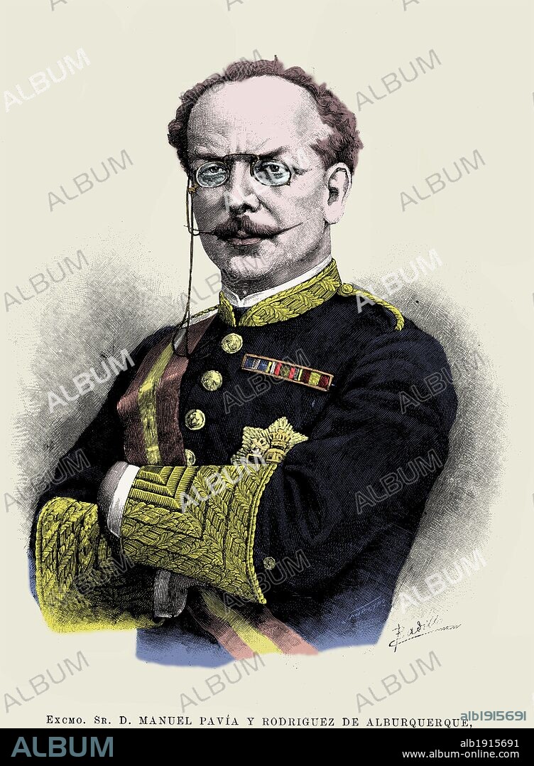 Manuel Pavía y Rodríguez de Alburquerque (1827-1895). Capitán general del ejército español, famoso por su entrada montado a caballo en la asamblea en 1874, poniendo fin a la primera república. Grabado de 1895.