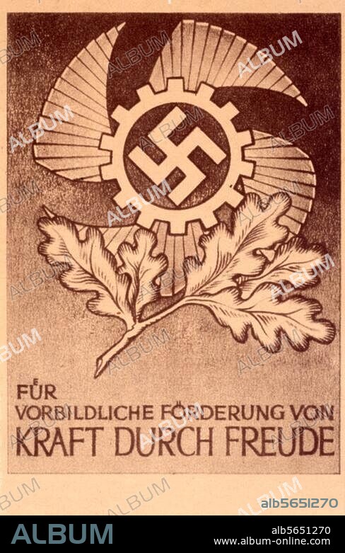 National Socialism: Kraft durch Freude. (KdF) (strength through joy). "Für vorbildliche Förderung von Kraft durch Freude" (medal for supporting the Kdf organisation). Print, aft. drawing by Hans Schirmer. Fr.: magazine "Der Schulungsbrief", 5th year, 5th issue, 1938, title page. (reverse).