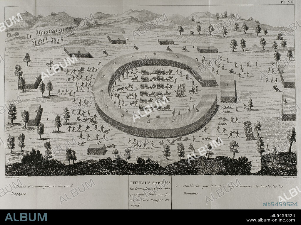 Gallic Wars (58 BC-50 BC). Quintus Titurius Sabinus and Arunculcius Cotta, attacked by Ambiorix, forming their troops in a circle. Engraving. "Commentaires de Cesar avec des notes historiques, critiques et militaires" by Count Turpin de Crissé. Volume I. Published in Montargis and sold in Paris, 1785.