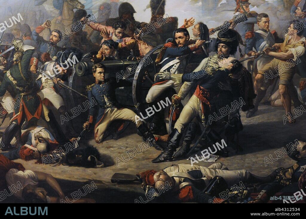 Guerra de la Independencia (1808-1814). 2 de Mayo de 1808. Muerte de Daoíz y defensa del Parque de Monteleón, 1862. Detalle. Daoíz arrodillado y herido mortalmente por un soldado francés con su bayoneta. Velarde moribundo en los brazos de un oficial de la guardia polaca. Óleo de Manuel Castellano (1826-1880). Museo de Historia. Madrid. España.