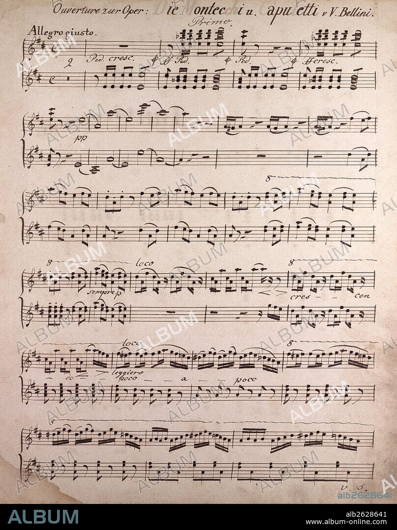 Ouverture of the Opera Die Montecchi and apuletti from Bellini, handwritten sheet music, music notes, 19th century. Vincenzo Salvatore Carmelo Francesco Bellini, 1801, Catania, Sicily – 1835, Paris, was an Italian opera composer.