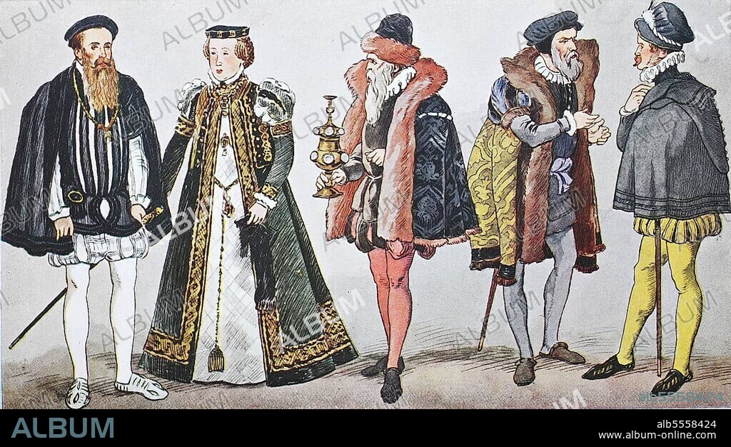 Mode, Kostüme, Kleidung in Deutschland während der spanischen Mode um 1550-1600, von links, Herzog Albrecht V. von Bayern und seine Gemahlin Herzogin Anna in der neuen spanischen Tracht, dann ein Goldschmiedemeister um 1560, dann ein deutscher Kaufmann in deutscher Tracht und ein deutscher Adliger in spanischer Tracht, digitale verbesserte Reproduktion nach einem Original aus dem Jahr 1900.