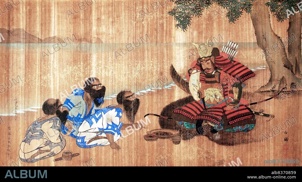 Minamoto no Yoshitsune (1159 June 15, 1189) was a general of the Minamoto clan of Japan in the late Heian and early Kamakura period. Yoshitsune was the ninth son of Minamoto no Yoshitomo, and the third and final son and child that Yoshitomo would father with Tokiwa Gozen.<br/><br/>. Despite being a heroic general, Yoshitsune perished at the hands of his allies through treachery; legend has it, though, that he escaped to Hokkaido where he settled.<br/><br/>. <i>Ema</i> are small wooden plaques on which Shinto worshippers write their prayers or wishes. The <i>Ema</i> are then left hanging up at the shrine, where the <i>kami</i>i (spirits or gods) are believed to receive them.