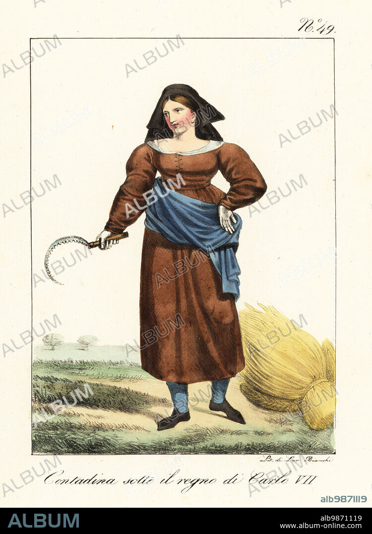 Costume of a French peasant woman, reign of King Charles VII, 15th century. In black cap, brown dress, apron, gaiters and shoes. Farmer with scythe and harvested wheat. Paysanne sous le regne de Charles VII. Handcoloured lithograph by Lorenzo Bianchi after Hippolyte Lecomte from Costumi civili e militari della monarchia francese dal 1200 al 1820, Naples, 1825. Italian edition of Lecomtes Civilian and military costumes of the French monarchy from 1200 to 1820.