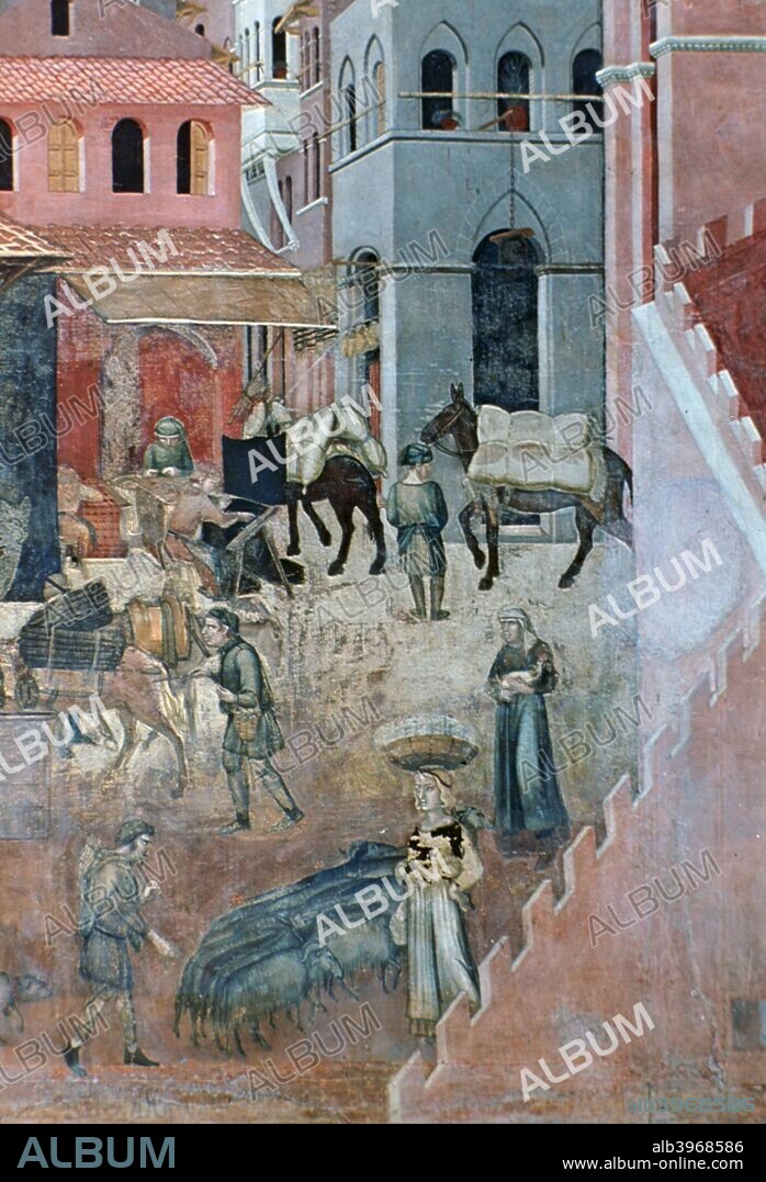 'Effects of Good Government on the City Life', (detail), 1338-1340. Ambrogio Lorenzetti frescoed the side walls of the Council Room (Sala dei Nove) of the City Hall (Palazzo Pubblico) of Siena. The subject of the frescoes are Good and Bad Government.