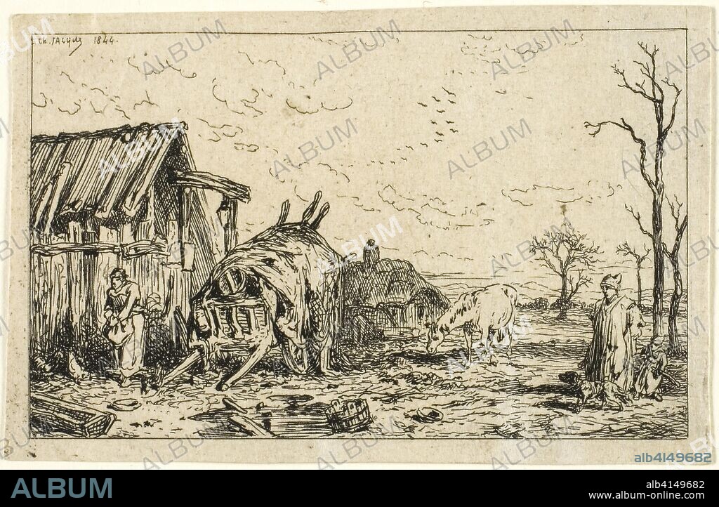Landscape with Unhitched Cart. Charles Émile Jacque; French, 1813-1894. Date: 1844. Dimensions: 49 × 79 mm (image); 55 × 85 mm (chine); 144 × 197 mm (sheet). Etching on buff chine laid down on ivory laid paper. Origin: France.