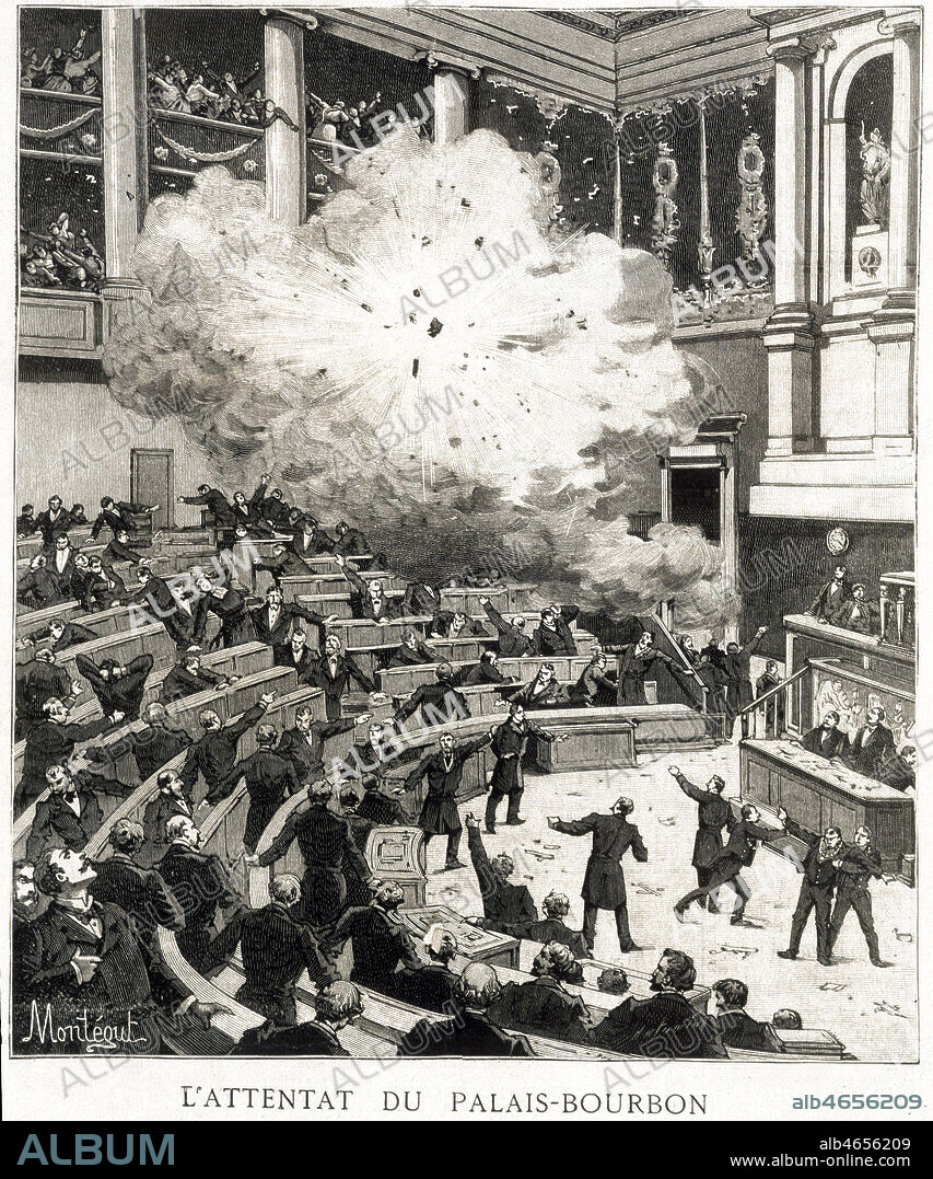 'L'attentat du Palais-Bourbon' (attentat anarchiste). Illustration par MONTEGUT pour L'Intransigeant illustre en 1893. Credit : Collection Jonas/KHARBINE-TAPABOR.