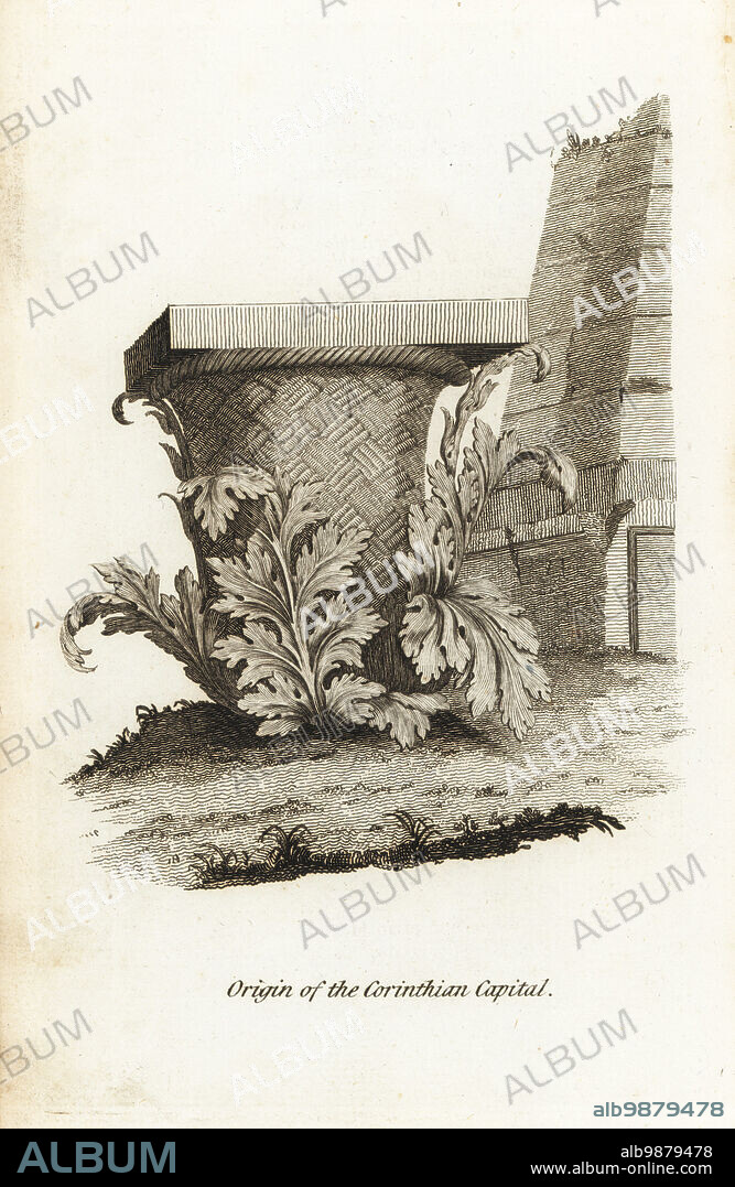 The inspiration for Callimachus' Corinthian capital. A woven basket surrounded by Acanthus leaves in front of a child's tomb. The Greek architect and sculptor Callimachus, 5th century BC, used this as inspiration to embellish the capitals of columns. Copperplate engraving from Francis Fitzgeralds The Artists Repository and Drawing Magazine, Charles Taylor, London, 1785.