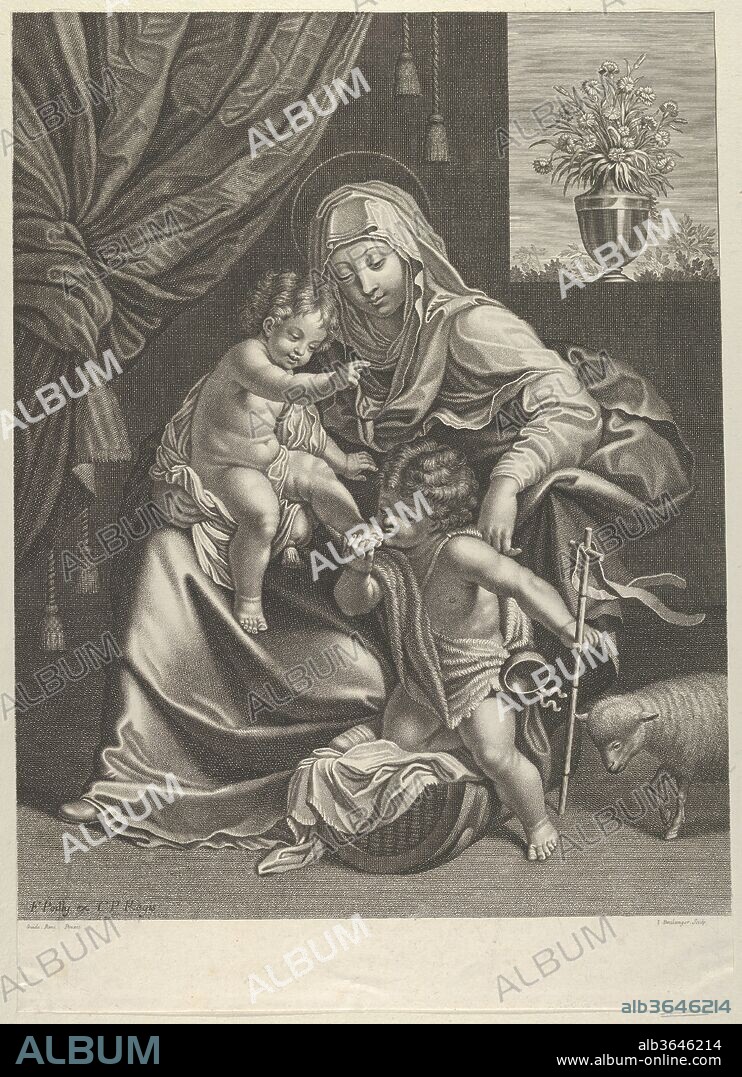 The Virgin seated with the infant Christ on her lap, the young Saint John the Baptist kneeling on Christ's cradle and kissing his foot, a lamb at right, after Reni. Artist: After Guido Reni (Italian, Bologna 1575-1642 Bologna); Engraved by Jean Boulanger (French, Troyes 1608-ca. 1680 Paris). Dimensions: Sheet (Trimmed): 16 15/16 in. × 12 in. (43 × 30.5 cm). Publisher: Francois de Poilly (French, Abbeville 1623-1693 Paris). Date: 1645-80.
Copy after Reni.  Verso is not visible as print is laid to another sheet of paper.