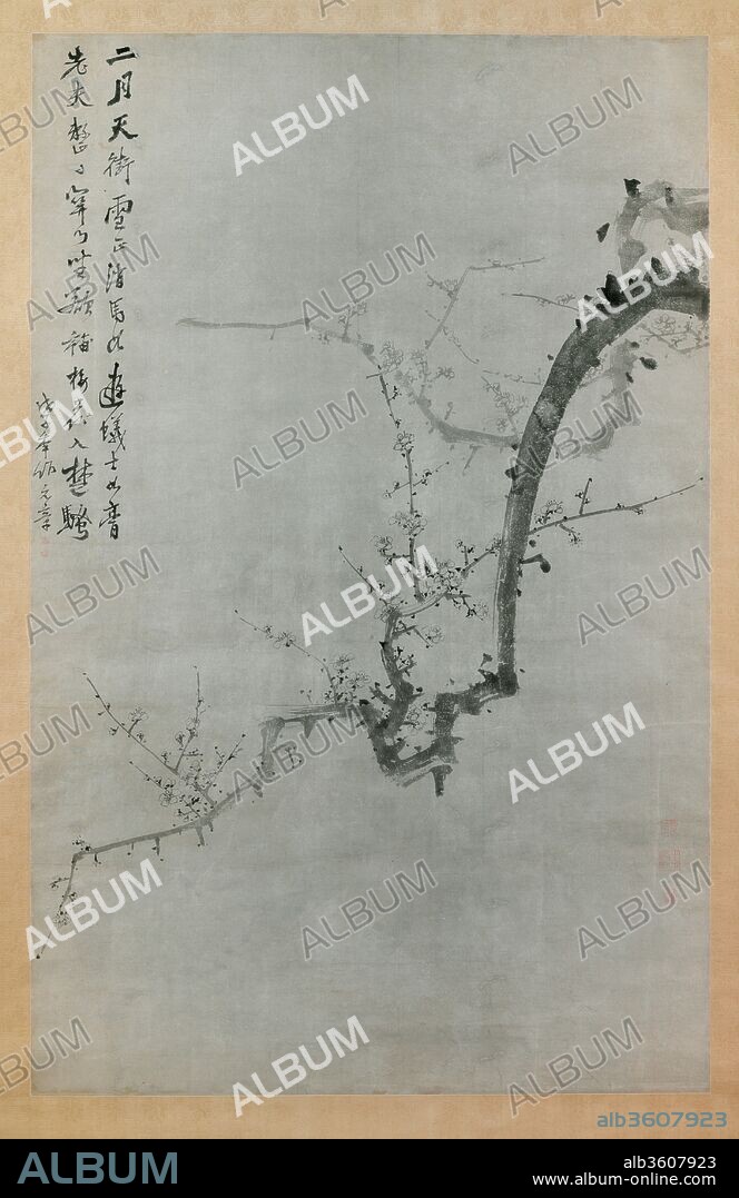 Plum Branch. Artist: Yi Yuwon (Korean, 1814-1888). Culture: Korea. Dimensions: 58 1/16 x 37 3/16 in. (147.5 x 94.5 cm). Date: dated 1888.
Delicate plum blossoms, budding in the chill of early spring, dot the long, swerving branch and its thin off-shoots; behind, a second, smaller branch echoes its lines. This impressionistic painting is both representational and abstract. In East Asia, plum blossoms, along with bamboo, chrysanthemums, and orchids, not only represent the four seasons but also form a quartet known as the Four Gentlemen (Korean: sagunja), a symbol of the virtuous Confucian scholar. 
A distinguished scholar-official who served as prime minister in 1873 under Emperor Gojong (r. 1864-1907), Yi Yuwon was also a recognized painter, poet, and calligrapher.