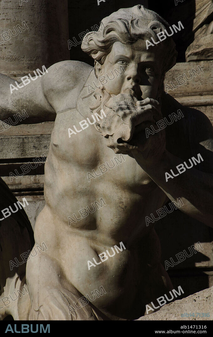 ARTE SIGLO XVIII. ITALIA. FONTANA DI TREVI (1732-1751). Obra de Nicolò SALVI, por encargo del Papa Clemente XII. Representa el reino de los mares. Detalle de un TRITON. ROMA.