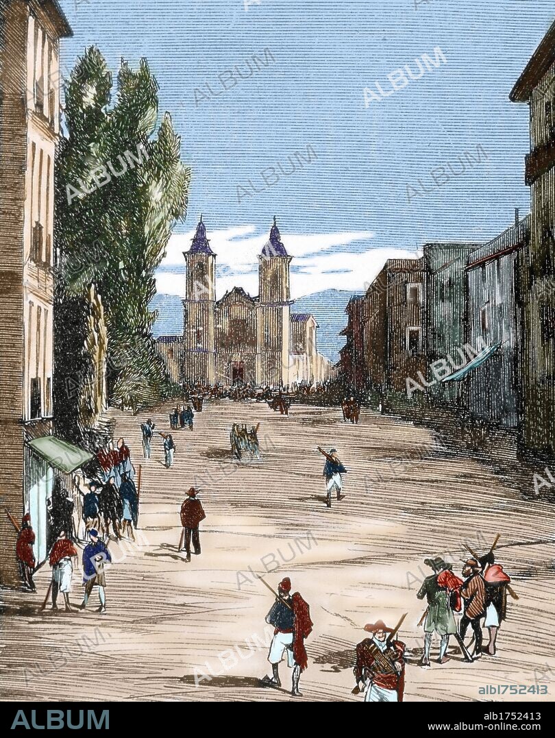 History of Spain. 19th century. Cantonal Revolution. Murcia.The insurgents in the district of Carmen.  Engraving by Rico in "The Spanish and American Illustration" (1872). Colored engraving.