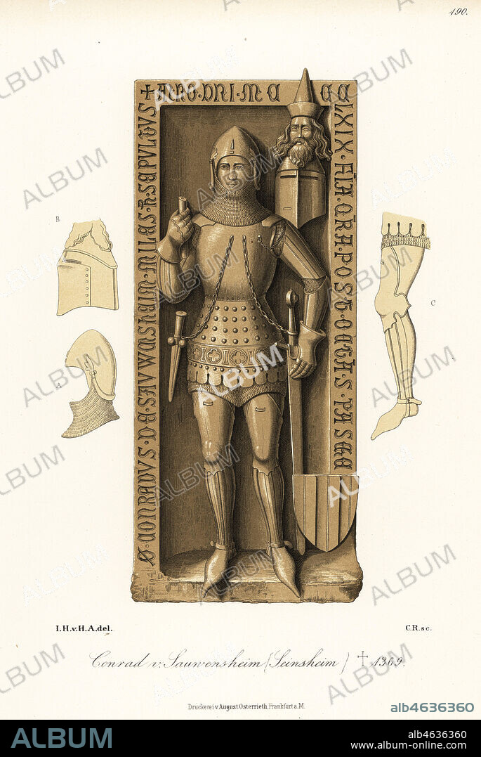 Konrad von Seinsheim, Conrad von Sauwensheim d. 1369. In suit of armour with great helm, sword and dagger hanging from chains on breastplate. From his grave effigy in St. Johns church, Schweinfurt. Chromolithograph from Hefner-Alteneck's Costumes, Artworks and Appliances from the Middle Ages to the 17th Century, Frankfurt, 1889. Illustration by Dr. Jakob Heinrich von Hefner-Alteneck, lithographed by C.R. Dr. Hefner-Alteneck (1811 - 1903) was a German museum curator, archaeologist, art historian, illustrator and etcher.