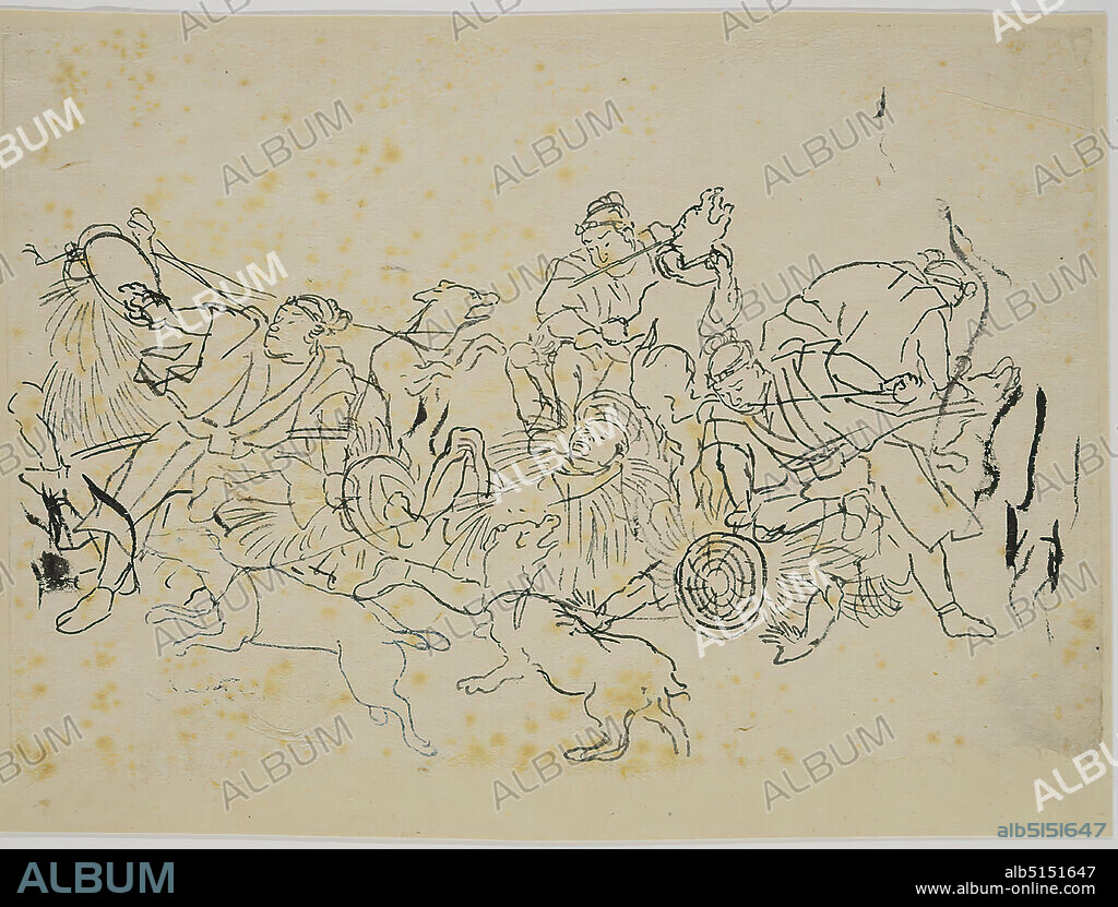 Utagawa Kuniyoshi, Ceremonial fight with dogs, ink, paper, brush drawing, ink on paper, Total: height: 16,00 cm; width: 23,50 cm, unsigned, sketches, fight (duel), dog, Edo period.
