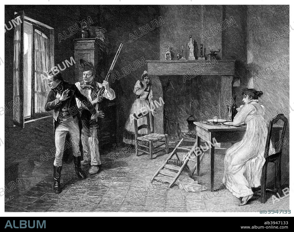 'An Incident in the White Terror, 1815', 1895. General Count Gilly in hiding in a peasant's house in the neighbourhood of Anduze in the South of France. The Second White Terror occurred in France in 1815 after the overthrow of Napoleon and the restoration of the monarchy in the person of Louis XVIII. People suspected of having links to Napoleon or the French Revolution were arrested, imprisoned and, in some cases, executed. Jacques Laurent Gilly, a general under Napoleon, was condemned to death in 1816. He stayed hidden at Anduze until 1819. By 1820 the political climate had become more liberal and Gilly was pardoned and had his rank and honours restored. A print from The Magazine of Art, Cassell and Company, Limited, London, Paris and Melbourne, 1895.