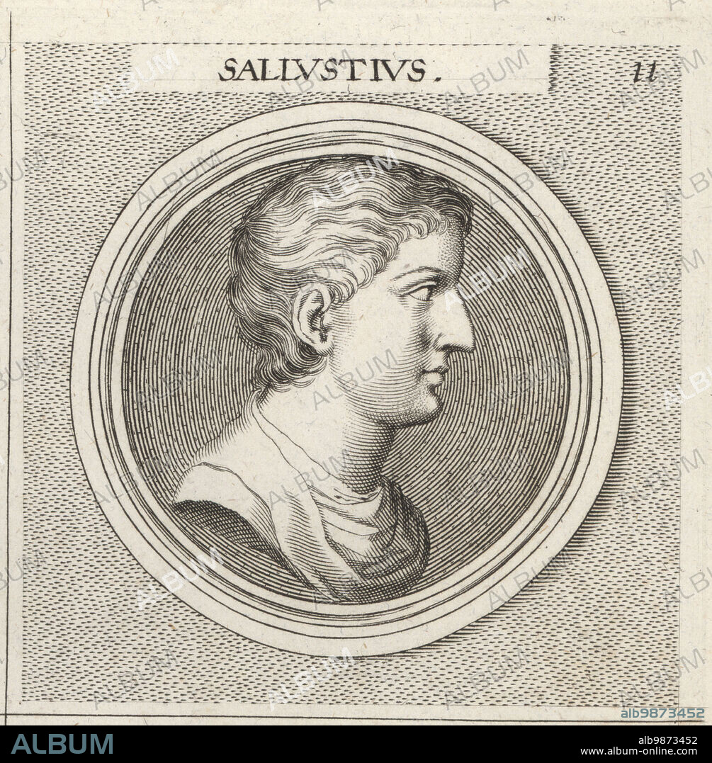 Sallust or Gaius Sallustius Crispus, Roman historian and politician from an Italian plebeian family, 86-c.35 BC. Sallustius. Copperplate engraving after an illustration by Joachim von Sandrart from his LAcademia Todesca, della Architectura, Scultura & Pittura, oder Teutsche Academie, der Edlen Bau- Bild- und Mahlerey-Kunste, German Academy of Architecture, Sculpture and Painting, Jacob von Sandrart, Nuremberg, 1675.
