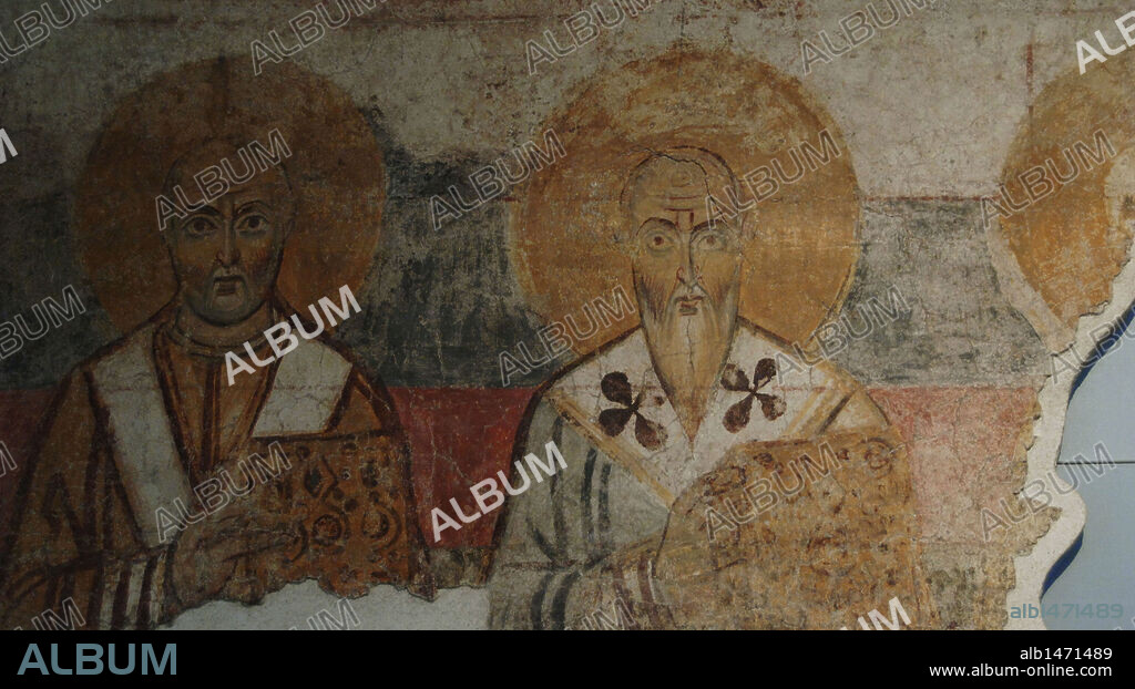 ARTE MEDIEVAL. ITALIA. Fragmento de un FRESCO CON LA REPRESENTACION DE DOS PADRES DE LA IGLESIA. Cryta Balbi. Museo Nacional Romano. Roma.