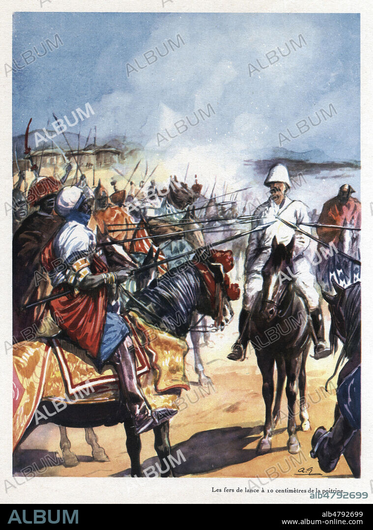 Charles MONTEIL (1855-1925) avait les fers de lance a 10 centimetres de la poitrine (le salut des lances a Kouka). Illustration de 1941 par Andre GALLAND (1886-1965) pour Les coloniaux francais illustres par Marcel SOUZY. ADAGP. Credit : Collection Jonas/Kharbine-Tapabor.