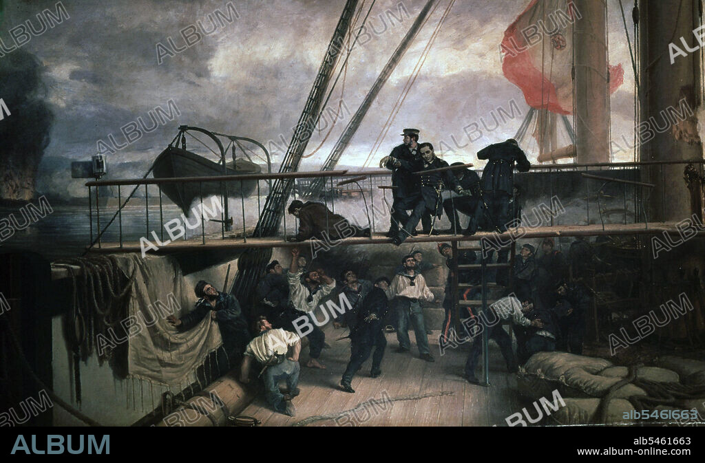 MENDEZ NUÑEZ , CASTO. MARINO ESPAÑOL . VIGO 1824 - 1869. " BATALLA DEL CALLAO " . MUERTE DE MENDEZ NUÑEZ .. OLEO DE ANTONIO MUÑOZ DEGRAIN. MUSEO DEL PRADO . MADRID.