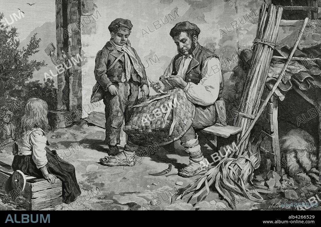 España. Asturias. El Cestero de Peñamellera. Dibujo de natural por José Cuevas (1844-1929/30). Grabado por Bernardo Rico y Ortega (1825-1894). La Ilustración Española y Americana,15 de junio de 1881.