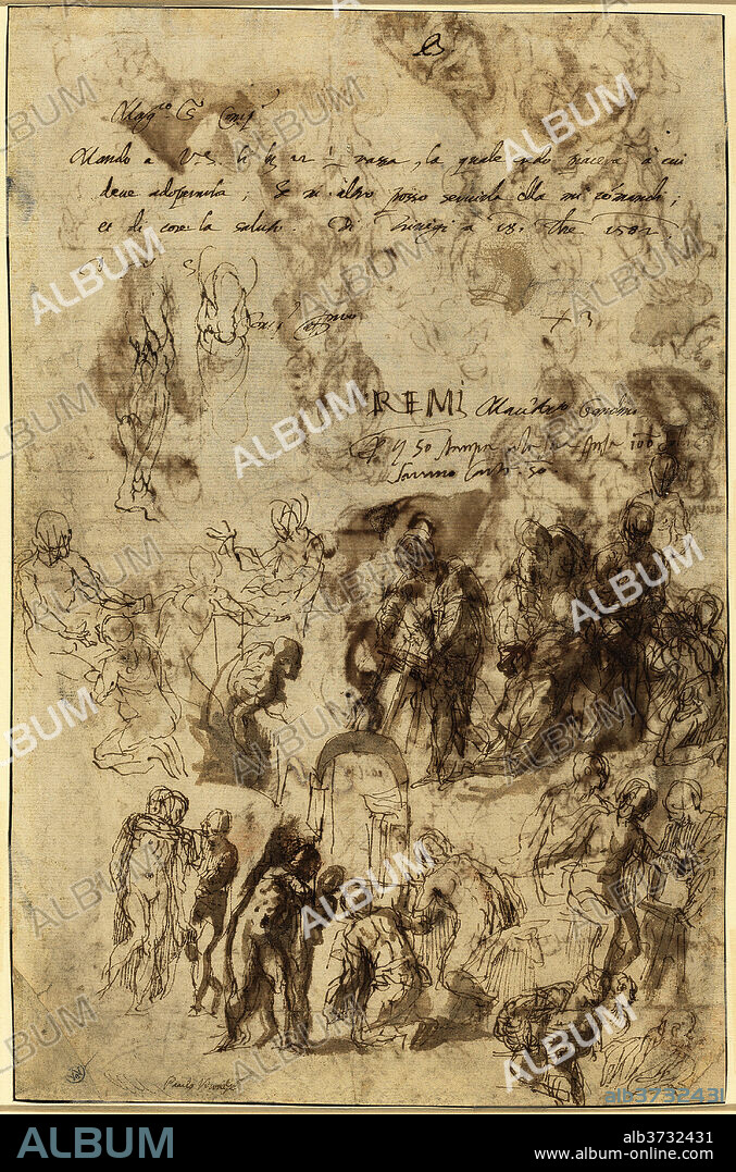 PAOLO VERONESE. Studies for the Raising of Lazarus and Other Compositions [verso]. Dated: c. 1582. Dimensions: overall: 29.8 x 19.4 cm (11 3/4 x 7 5/8 in.). Medium: pen and brown ink and wash on laid paper.