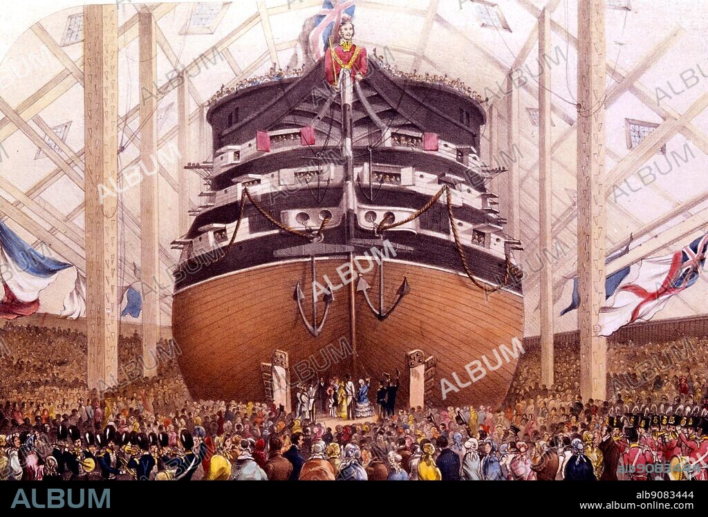 Engraving of the HMS Royal Albert 1854. The first-rate HMS 'Royal Albert' was launched at Woolwich Dockyard on 13 May 1854. Queen Victoria presided over her launching ceremony. 'Royal Albert' was immediately sent to the Crimea, where she saw active service in the Black Sea.  This event occurred at a high point in the history of Woolwich dockyard which was to close in 1869. 'Royal Albert', a 121-gun three-decker steam line-of battle ship, was immediately sent to the Crimea where she saw active service in the Black Sea. Named after the queens husband, the 'Royal Albert' flies the royal standard. Loyal supporters endorse both their monarch and the building of another warship for the nation, during the Crimean War.