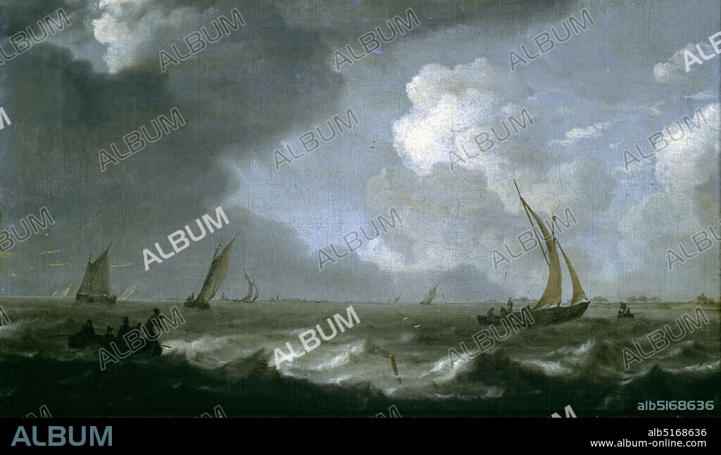 Dutch fishing boats in rough water, painting, Arnoldus van Anthonissen, 17th century, Signature front, bottom center, on a pole: AA, canvas, oil paint, 30 x 51cm, water surface, sailing ship, Painting depicting sailing ships on choppy water. Under a high gray sky with gray and white clouds, on the right of the second plan, a ship sails in the direction of a small rowing boat on the right. In the left foreground a rowing boat with five persons and three aft sailing ships to the rear. On the horizon to the left of the center is a village with a tower and mill, just as indicated, as well as several other sailing ships, and on the right a bank with faintly visible houses and trees. Signed, 1872.