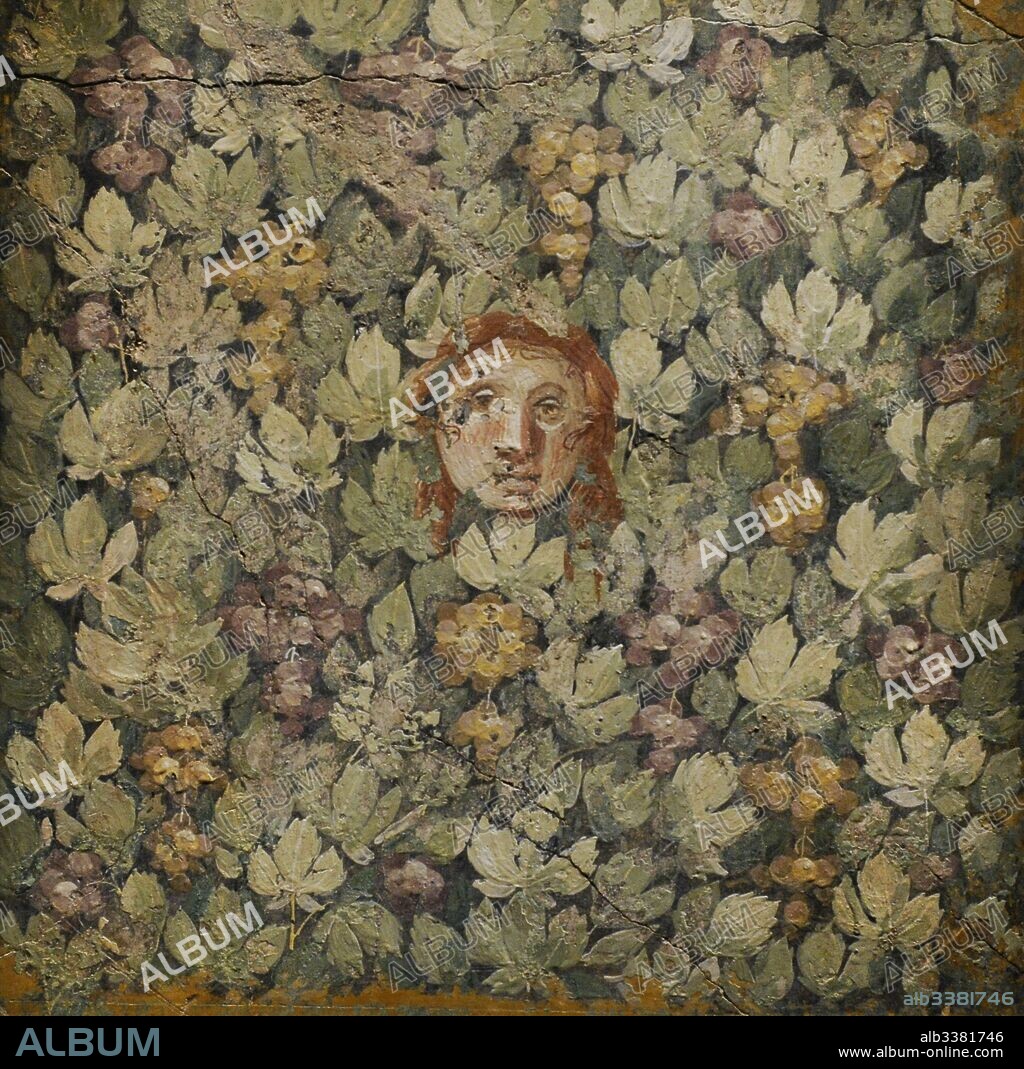 Fresco depicting a mask on vine leaves and bunches of grapes. 20-10 BC. From House of Popidi, Pompeii. National Archaeological Museum. Naples. Italy.