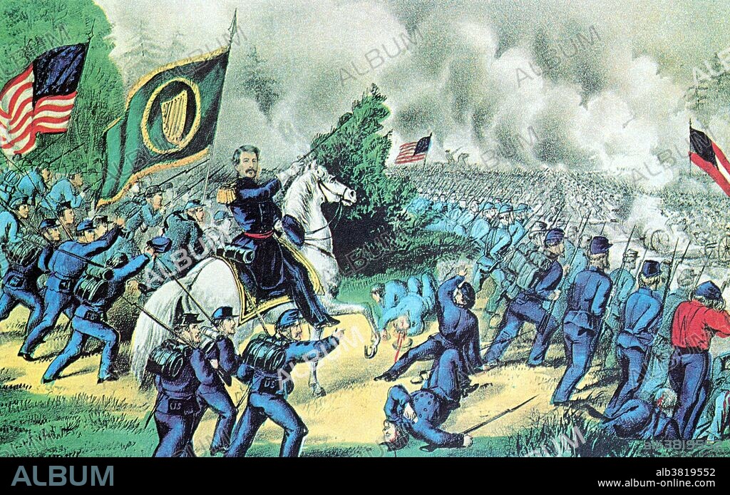 Lithograph entitled and captioned: "General Meagher at the Battle of Fair Oaks, Virginia, June 1st, 1862. The bayonet charge of the Irish Brigade was the most stubborn, sanguinary and bloody if modern times." The Battle of Seven Pines, AKA the Battle of Fair Oaks, took place on May 31 and June 1, 1862, in Henrico County, Virginia, as part of the Peninsula Campaign of the American Civil War. It was the culmination of an offensive up the Virginia Peninsula by Union Major General George B. McClellan, in which the Army of the Potomac reached the outskirts of Richmond. Thomas Francis Meagher (August 3, 1823 - July 1, 1867) was an Irish nationalist and leader of the Young Irelanders in the Rebellion of 1848. After being convicted of sedition, he was sentenced for life to Van Diemen's Land in Australia. In 1852 he escaped and made his way to the United States. At the beginning of the American Civil War, Meagher joined the US Army and rose to the rank of brigadier general. He was most notable for recruiting and leading the Irish Brigade, and encouraging support among Irish immigrants for the Union. The Union was defeated at Fair Oaks, but the Irish Brigade developed a reputation as fierce fighters.