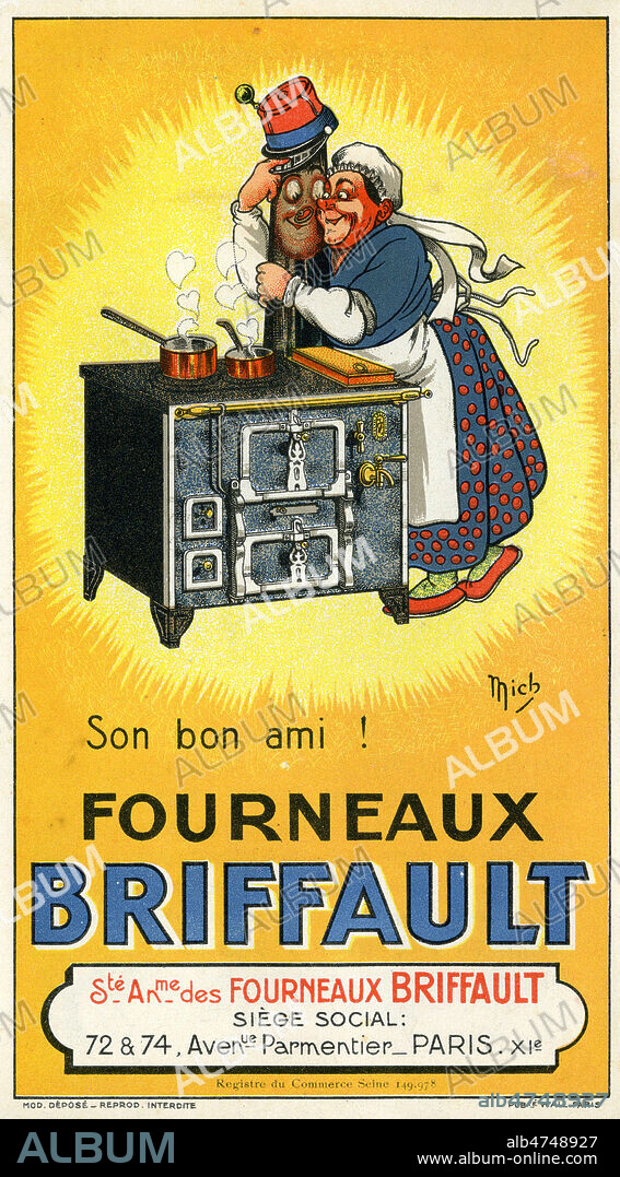 'Sur bon ami ! Fourneaux BRIFFAULT.' Illustration par MICH pour une etiquette publicitaire vers 1920. Credit: Collection IM/KHARBINE-TAPABOR.