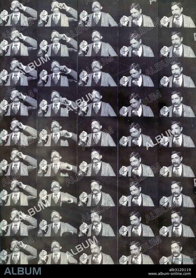 Edison kinetoscopic record of a sneeze. Photograph consists of a series of 45 frames for a movie showing a man, Fred Ott, sneezing. This photographic print mounted on card stock is the earliest surviving "motion picture" registered for copyright at the Library of Congress, received on January 9, 1894. Colloquially known as "Fred Ott's Sneeze" for its star (an Edison engineer), the photo represents the dawn of filmmaking in America while remaining something of an historical accident.