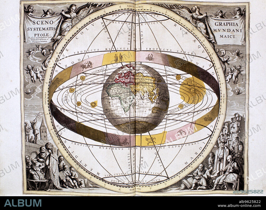 Ptolemaic (geocentric/Earth-centred) system of the Universe, 1708. Illustration showing the position of the Sun, Moon and planets and the band of the ecliptic. Proposed by Claudius Ptolemy in the second century AD, this model for the arrangement of the Universe was accepted scientific wisdom until Nicolaus Copernicus (1473-1543) proposed his alternative heliocentric (Sun-centred) model in 1543. From Harmonia Macrocosmicaby Andreas Cellarius. (Amsterdam, 1708).