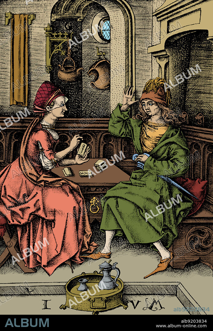 Fortune-telling is the practice of predicting information about a person's life. Common methods used for fortune telling include astromancy, horary astrology, pendulum reading, spirit board reading, reading tea leaves in a cup, fortune telling with cards, tarot reading, crystallomancy, and reading of the palms. Engraving by Israhel van Meckenem, 15th century.
