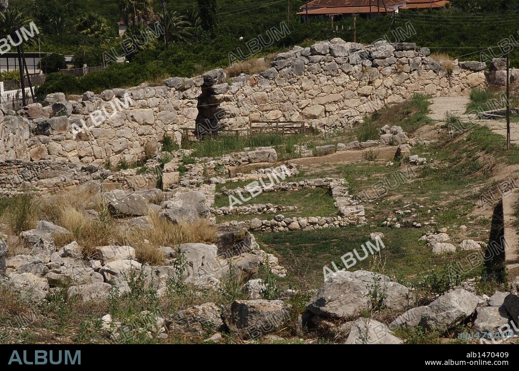 ARTE MICENICO. GRECIA. TIRINTO. Ciudad micénica que empezó a poblarse en el periodo Proto-Heládico, durante el tercer milenio a. C. Vista de las ruinas. Provincia de Argólida. Región del Peloponeso.
