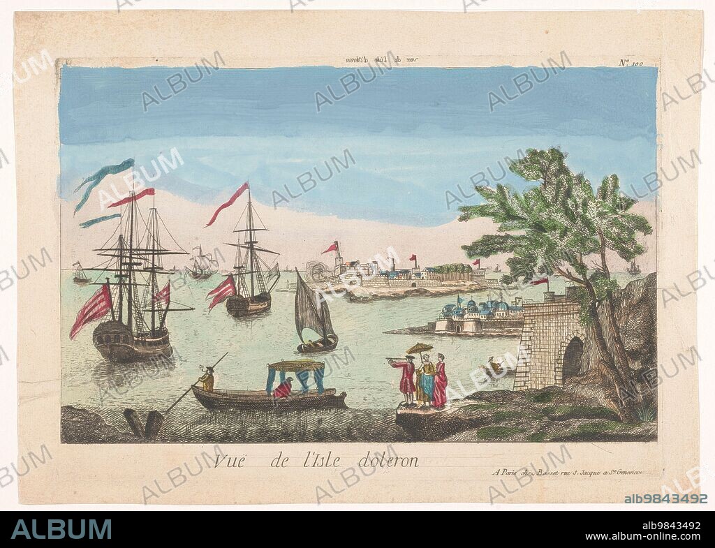 ANON. View of the island of Oleron, 1700-1799. Ships and boats lie on the water. In the foreground are two women with a parasol and a man with a telescope.