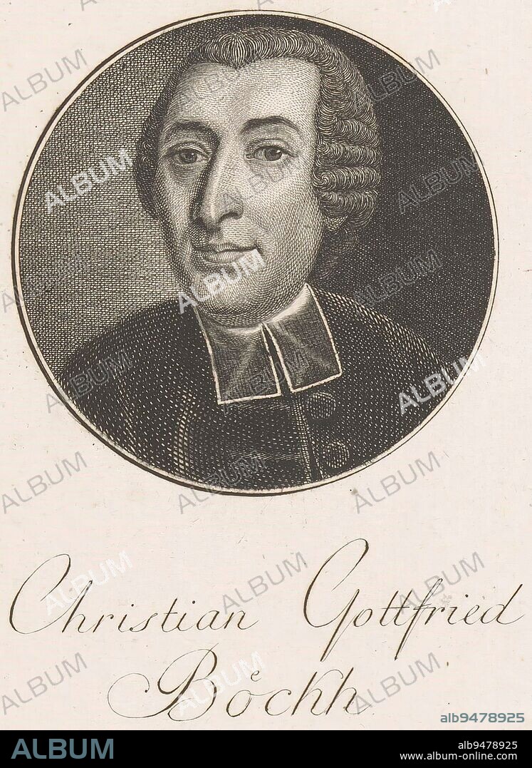 Portrait of Christian Gottfried Boeckh, Christoph Wilhelm Bock, after Johann Jakob Ihle, 1792, print maker: Christoph Wilhelm Bock, (mentioned on object), after: Johann Jakob Ihle, (mentioned on object), print maker: Neurenberg, after: Esslingen, 1792, paper, etching, engraving, h 150 mm - w 90 mm.