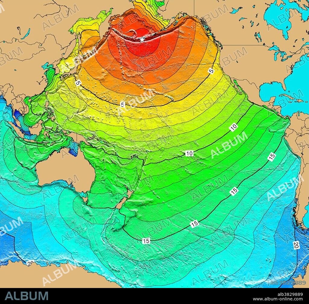The magnitude 9.1 Mw earthquake on March 9, 1957 south of the Andreanof Islands, Aleutian Islands, generated a tsunami that did severe damage on Adak Island. However, the most damage (about $5 million) was done in the Hawaiian Islands. There were two indirect fatalities, a reporter and a pilot, and injury to a photographer when their small chartered plane crashed in the ocean near Oahu. Map generated using Tsunami Travel Time (TTT) software: calculates first-arrival travel times on a grid for a tsunami generated at an earthquake epicenter. Map contours: 1 hour intervals: red 1-4 hour arrival times, yellow: 5-6 hour arrival times, green: 7-14 hour arrival times, blue: 15-21 hour arrival times. Maps were generated from earthquake epicenters in the NGDC Global Historical Tsunami Database using NGDC 2 Minute Gridded Global Relief Data bathymetry. Maps do not provide the height or the strength of the wave, only the arrival times.