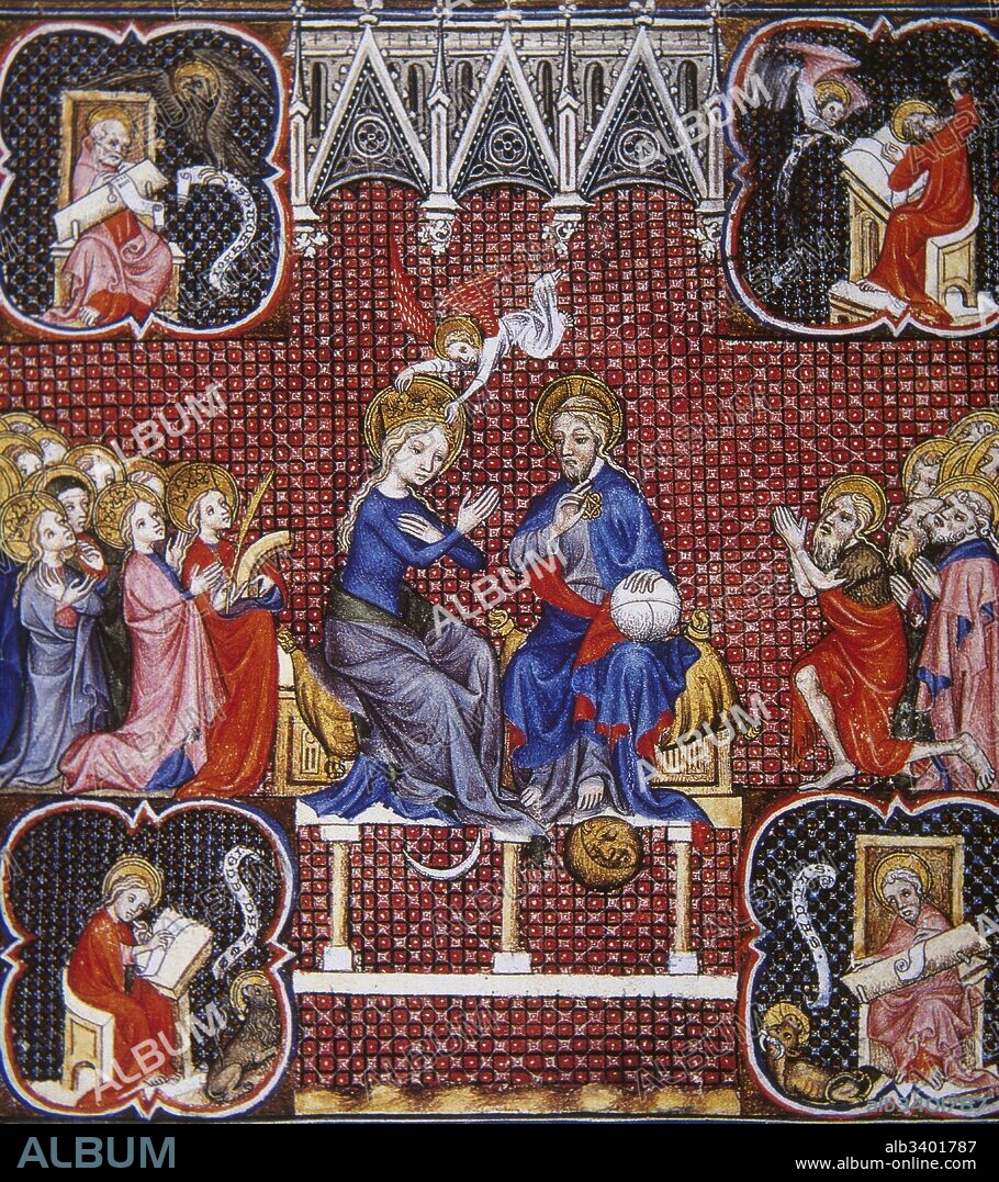 La leyenda dorada "Legenda aurea", compilación de relatos hagiográficos reunida por Jacobo de la Vorágine. Miniatura de un manuscrito del siglo XV con la representación de "La Coronación de la Vírgen María". Museo Condé. Castillo de Chantilly. Francia.