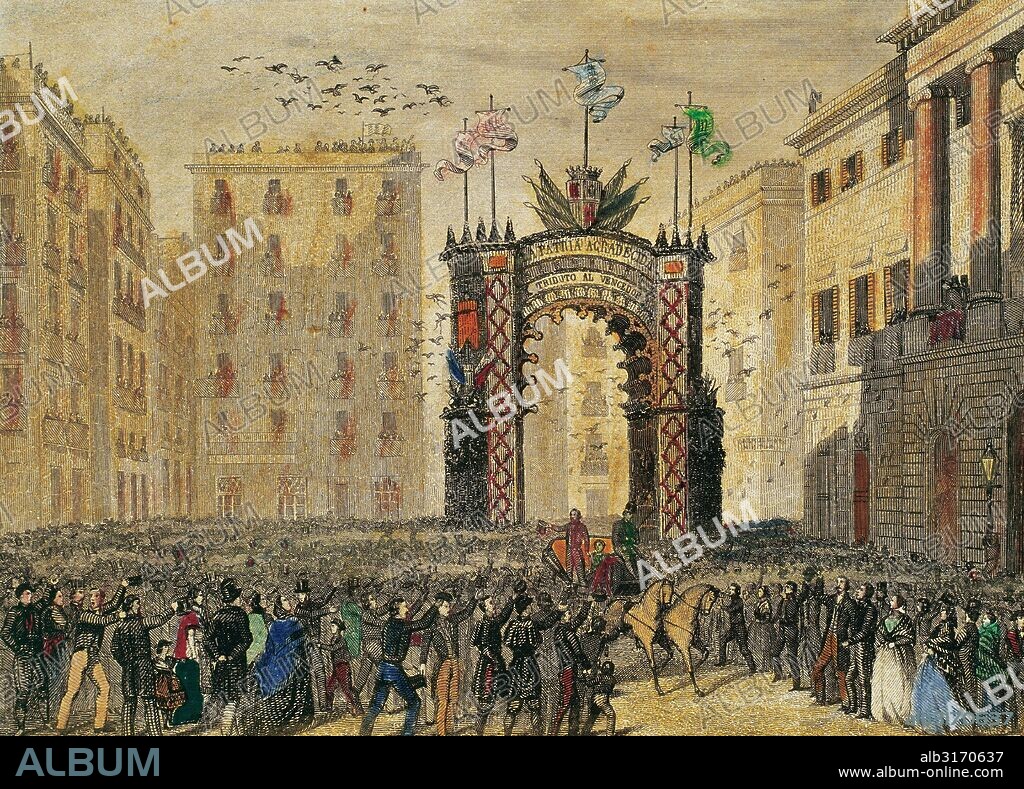 Spain. Catalonia. Barcelona. Juan Prim y Prats (1814-1870). Spanish military and politician. Amazing reception after the Hispano-Moroccan War (1859-1860) with a triumphal arch in the Saint James square on September 8, 1860. Colored engraving. 19th century.