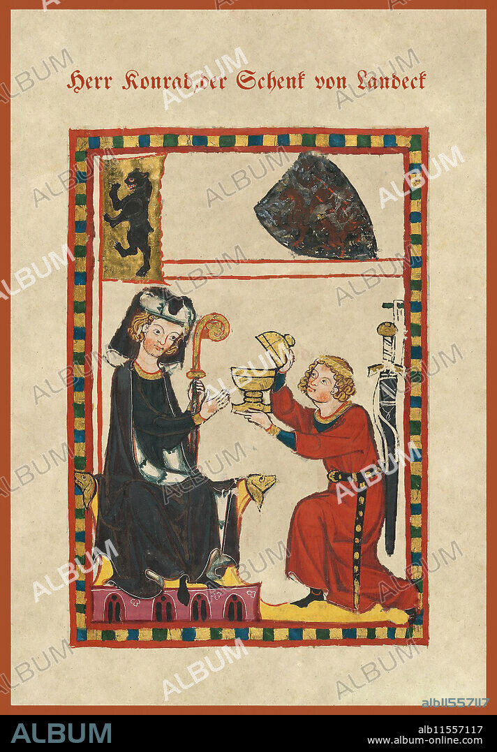 CODEX MANESSE. medieval songbook; The picture shows the minstrel Konrad von Landeck (1271-1306). His native of Thurgau (Switzerland) family held the office of hereditary gift-giving of the congregation of St. Gallen and put the vassals of the Counts of Toggenburg. Bringing an offering to the bishop.