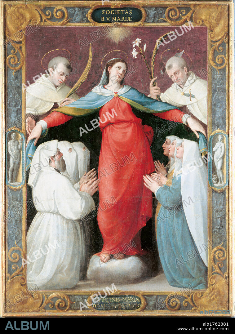 Virgin of the Mercy, by Giacomo o Jacopo Zanguidi known as Bertoia, 1564, 16th Century, oil on canvas, cm 164,5 x 122,5. Italy, Emilia Romagna, Parma, National Gallery. All. Madonna Mercy dress clothes garment red mantle cloak light blue azure frame figures Adam Eve niches gold gonfalon saints Peter Martyr lily palm martyrdom axe friars nuns white. Authorization required for non editorial use.