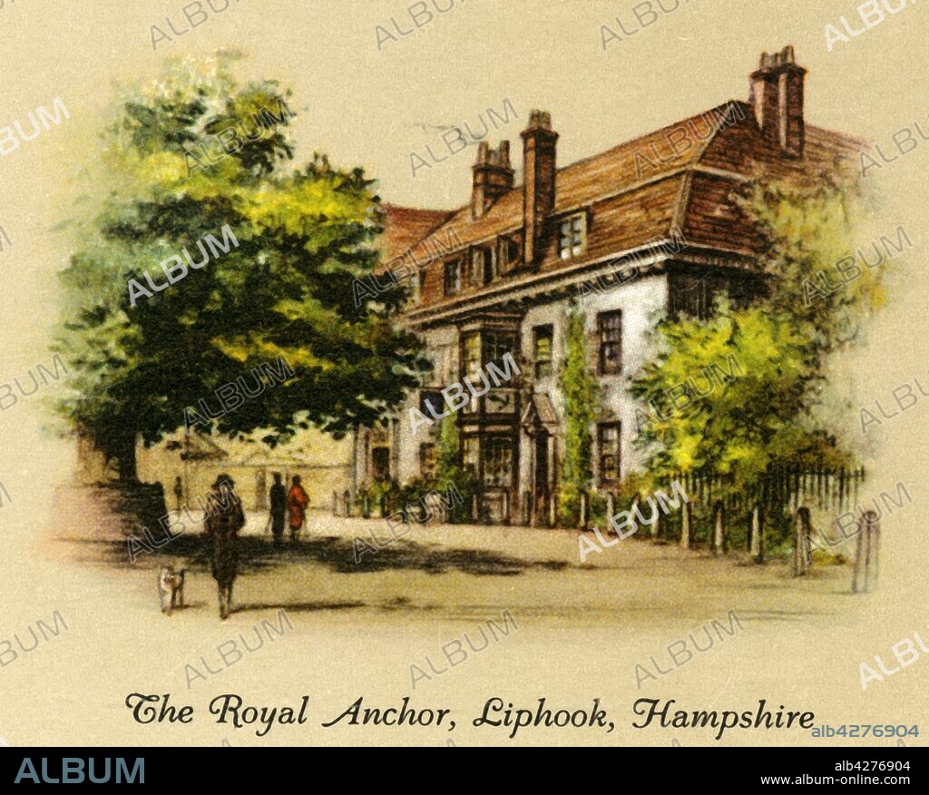 'The Royal Anchor, Liphook, Hampshire', 1936. The Royal Anchor hotel, 18th century coaching inn on the London to Portsmouth road. Grade II listed and known for association with Nelson (on his way to Trafalgar) and Wellington and Blucher (at the end of the Napoleonic War).  From "Old Inns - A Series of 40", 1936. [W. D. & H. O. Wills, 1936].