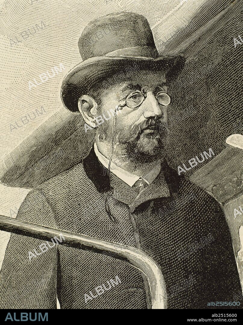 ZOLA, Emile (París, 1840-París, 1902). Novelista francés de estilo naturalista y observador de las actitudes humanas. Atacado por los naturalistas a partir de su artículo "Yo acuso" sobre el caso Dreyfus. Fué condenado y se exilió a Inglaterra (1898). Murió de asfixia en 1902. Detalle de un grabado en el que se representa a ZOLA VIAJANDO EN EL TENDER DE UN TREN EXPRESS (DE PARIS A NANTES) PARA ESTUDIAR LAS COSTUMBRES DE LOS EMPLEADOS DE FERROCARRILES. "La Ilustración Española y Americana" (1890) .