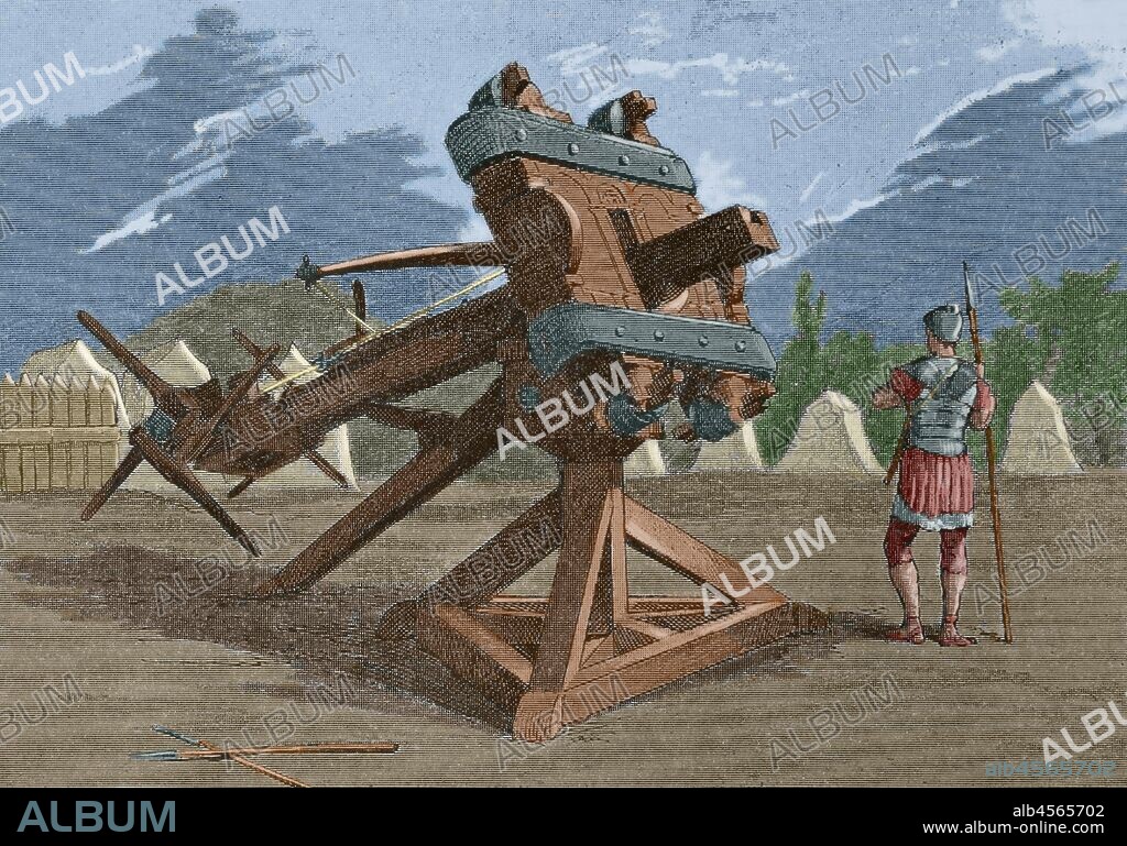 Balista, arma de asedio. Grabado. "Museo Militar del Ejército Español", Tomo I. Evaristo Ullastres Editor. Barcelona, 1883. Coloreado.