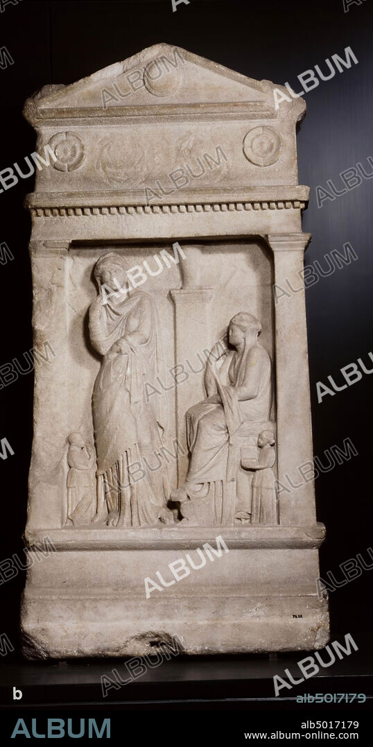 Eastern Greek relief with triangular pediment. The central relief depicts two women, the l. standing, the r. sitting. Next to them two small serving women with a fan and toilet box. On a stele behind them a celestial and tympanon. On a ledge a bottle, sculpture, stone, marble, H. 112 cm, B. 55 cm, D. 15 cm, late-Hellenistic 125-100 BC, unknown.